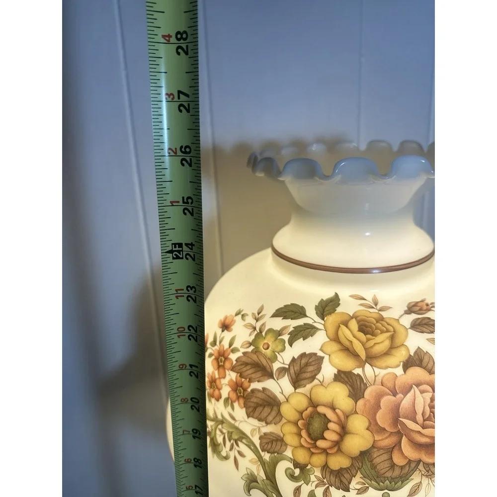 VTG 70s GWTW Hurricane Parlor Lamp Milk Glass Floral Rose Ruffled Shade 3-Way